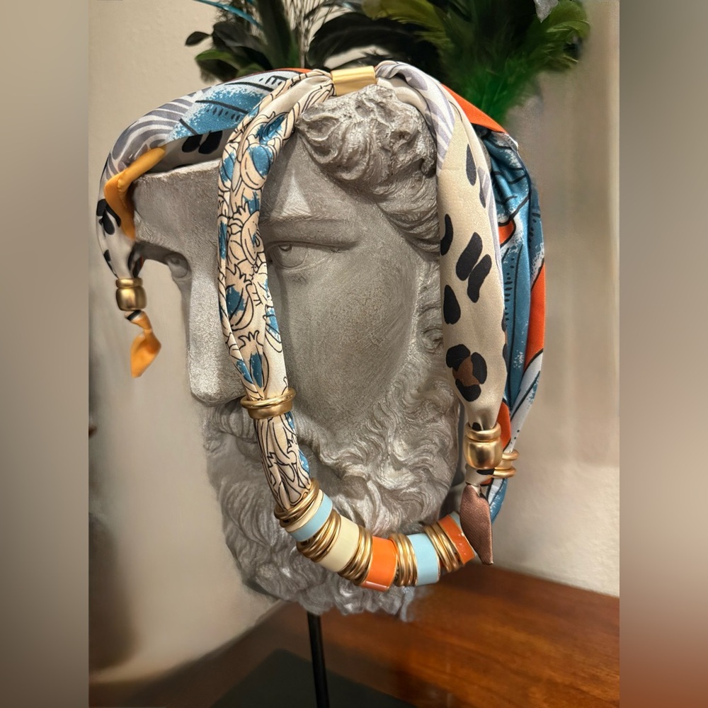 Colorful Silk Scarf Necklacewith Gold Accents